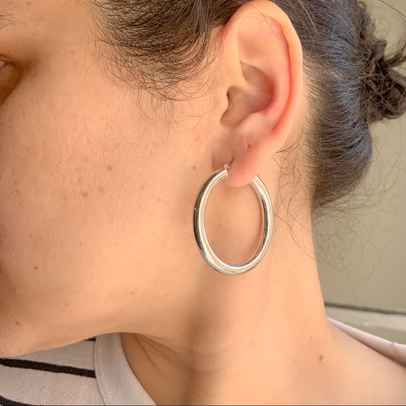 SILVER HOOP EARRINGS THICK TUBE HOOPS - Picture 4 of 5